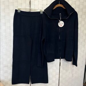 Cozy Navy Knit Zip-Front Jacket & Wide-Leg Pants Set